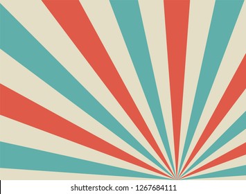 Sunlight retro horizontal background. red, blue and beige rays burst background. Vector illustration. Circus sun beam wallpaper. Vintage poster or placard