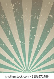 Sunlight retro narrow grunge background. green and beige color burst background. Vector vertical illustration. Sun beam ray background. Old speckled paper with particles of debris. vintage style. 