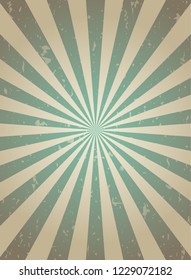 Sunlight retro narrow grunge background. green and beige color burst backdrop. Vector vertical illustration. Sun beam ray background. Old speckled paper with particles of debris. vintage circus poster