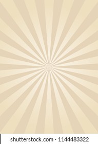 Sunlight retro narrow vertical background. Pale  beige color burst background. Fantasy Vector illustration. Magic Sun beam ray pattern background. Old paper starburst. Circus style