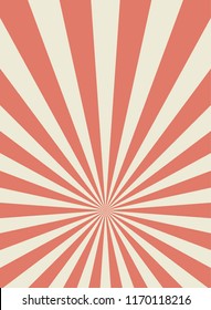 Sunlight retro narrow vertical background. Pale red and beige color burst background. Fantasy Vector illustration. Magic Sun beam ray pattern background. Old paper starburst. Circus style