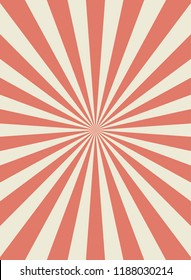 Sunlight retro narrow vertical background. Pale red and beige color burst background. Fantasy Vector illustration. Magic Sun beam ray pattern background. Old paper starburst. Circus style