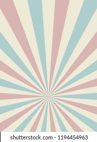 Sunlight retro narrow vertical background. Pale red, blue, beige color burst background. Fantasy Vector illustration. Magic Sun beam ray pattern background. Old paper starburst. Circus style