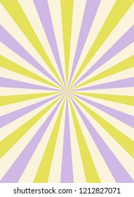 Sunlight retro narrow vertical background. Pale green, purple, beige color burst background. Fantasy Vector illustration. Magic Sun beam ray pattern background. Old paper starburst. Circus style