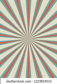Sunlight retro narrow vertical background. Pale red, blue, beige color burst background. Fantasy Vector illustration. Magic Sun beam ray pattern background. Old paper starburst. Circus poster