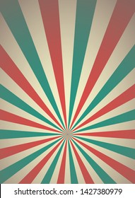 Sunlight retro narrow vertical background. Pale red, blue, beige color burst background. Fantasy Vector illustration. Magic Sun beam ray pattern background. Old paper starburst. Circus poster