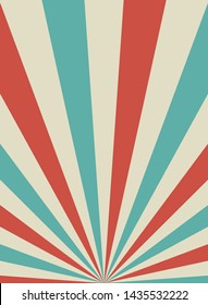 Sunlight retro narrow vertical background. Pale red, blue, beige color burst background. Fantasy Vector illustration. Magic Sun beam ray pattern background. Old paper starburst. Circus style