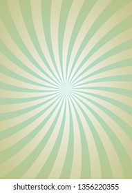 Sunlight retro spiral grunge background. green and beige color burst background. Vector illustration. Sun beam ray background. Old paper. vintage style. Circus placard.
