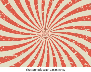 Sunlight retro spiral grunge background. Blue, red and beige color burst wallpaper. Vector illustration. Sun beam swirl ray backdrop. Old speckled paper. Vintage circus cposter or placard