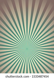 Sunlight retro vertical background. green and beige color burst background. Fantasy Vector illustration. Magic Sun beam ray pattern background. Old paper starburst. Circus poster