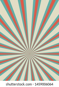 Sunlight retro vertical background. Pale red, blue, beige color burst backdrop. Fantasy Vector illustration. Magic Sun beam ray pattern wallpaper. Old paper starburst. Circus poster or banner