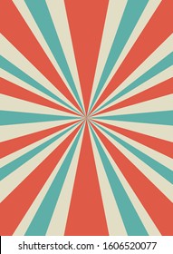 Sunlight retro vertical background. Pale red, blue, beige color burst background. Fantasy Vector illustration. Magic Sun beam ray pattern background. Old paper starburst. Circus poster or placard