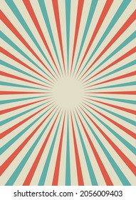 Sunlight retro vertical background. Pale red and beige color burst background. Fantasy Vector illustration. Magic Sun beam ray pattern background. Old paper starburst. Circus poster or placard