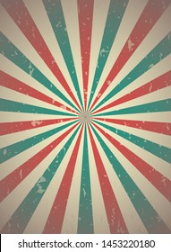 Sunlight retro vertical grunge background. red and blue color burst background. Vector illustration. Sun beam ray background. Old speckled paper with particles of debris. vintage poster