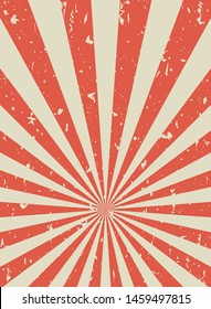 Sunlight retro vertical grunge background. red and blue color burst backdrop. Vector illustration. Sun beam ray wallpaper. Old speckled paper with particles of debris. vintage circus poster or placard
