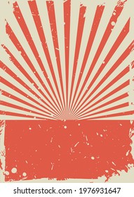 Sunlight retro vertical grunge background. red and blue color burst backdrop. Vector illustration. Sun beam ray wallpaper. Old speckled paper with particles of debris. vintage circus poster or placard
