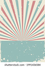 Fondo de fondo vertical retro de luz solar. fondo de ráfaga de color rojo y azul. Ilustración vectorial. Papel pintado de rayo solar. Papel viejo moteado con partículas de escombros. afiche o cartel de circo vintage