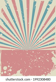 Fondo de fondo vertical retro de luz solar. fondo de ráfaga de color rojo y azul. Ilustración vectorial. Papel pintado de rayo solar. Papel viejo moteado con partículas de escombros. afiche o cartel de circo vintage
