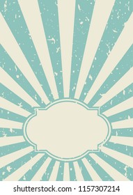Sunlight retro vertical grunge poster with vintage frame for text. turquoise and beige color burst background. Vector illustration. Sun beam ray. Old speckled placard with particles of debris