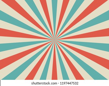 Sunlight retro wide horizontal background. Pale red, blue, beige color burst background. Fantasy Vector illustration. Magic Sun beam ray pattern background. Old paper starburst. Circus style