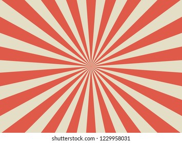 Sunlight retro wide horizontal background. Pale red and beige color burst background. Fantasy Vector illustration. Magic Sun beam ray pattern background. Old paper starburst. Circus style