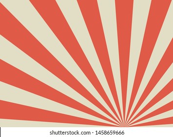Sunlight retro wide horizontal background. Pale red and beige color burst background. Fantasy Vector illustration. Magic Sun beam ray pattern background. Old paper starburst. Circus style