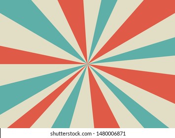 Sunlight retro wide horizontal background. Pale red, blue, beige color burst background. Fantasy Vector illustration. Magic Sun beam ray pattern background. Old paper starburst. Circus poster, placard