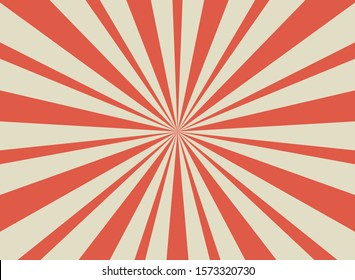 Sunlight retro wide horizontal background. Pale red  and beige color burst background. Fantasy Vector illustration. Magic Sun beam ray pattern background. Old paper starburst. Circus style