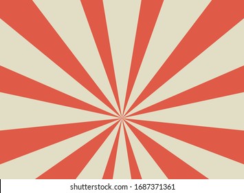Sunlight retro wide horizontal background. Pale red and beige color burst background. Fantasy Vector illustration. Magic Sun beam ray pattern background. Old paper starburst. Circus style
