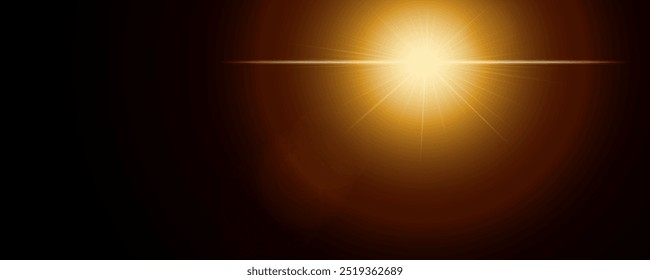 A luz do sol brilha fundo de gradiente de ouro escuro. Linhas de raios solares laranja brilhantes formam círculo. Luzes amarelas de noite. Raios quentes e quentes do sol da noite ou nascer do sol da manhã.