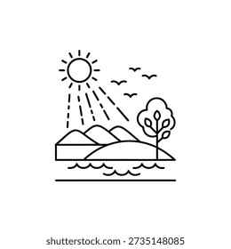 Sunlight shines over a serene landscape with rolling hills a lone tree and birds flying freely in a clear sky evoking nature's tranquility