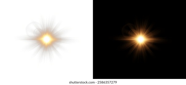 Sunlight with special glare effect. Sun rays and pancakes. Golden flash and glare. Vector graphics, display of landscape on the sky.