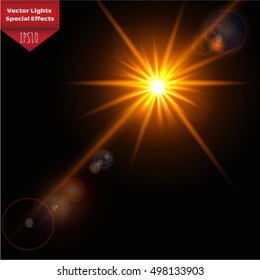 Sunlight, special lens flare, light effect. Sun flash with rays and spotlight. illustration.