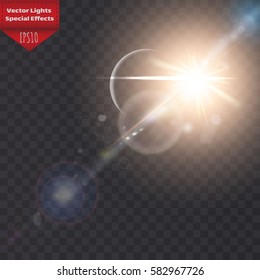 Sunlight, special lens flare, light effect. Sun flash with rays and spotlight. illustration.