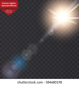 Sunlight, special lens flare. Sun flash with rays and spotlight. illustration.