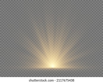 Efecto de luz de flash especial de lente solar. El sol amarillo irradia sobre un fondo transparente. Efecto especial de la erupción con rayos de luz y chispas mágicas. Brillante y brillante explosión de estrella dorada. Vector