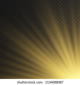 Sunlight special lens flash light effect. Flare special effect with rays of light and magic sparkles. Yellow sun rays radiance on transparent background. Bright and shine golden star explosion. Vector