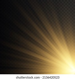 Sunlight special lens flash light effect. Bright and shine golden star explosion. Flare special effect with rays of light and magic sparkles. Yellow sun rays radiance on transparent background. Vector