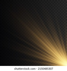 Efecto de la luz de flash especial de la lente solar sobre el fondo transparente. El sol amarillo se ilumina con rayos y chispas mágicas. Resumen de luces brillantes doradas. Estrella estalló de brillantez. Explosión dorada. Vector