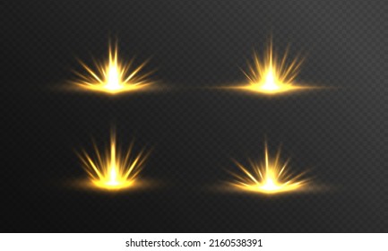 Sunlight special lens flash light effect on transparent background. Light flare special effect with rays of light and gold sparkles. Bright shine golden star burst. Yellow sun light explosion. Vector