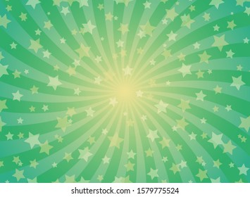 Sunlight spiral horizontal background. Green and gold color burst background with shining stars. Vector illustration. Sun beam ray sunburst pattern backdrop. Magic, festival, circus poster