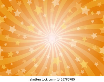 Sunlight spiral horizontal background. Orange color burst background with shining stars. Vector illustration. Sun beam ray sunburst pattern backdrop. Magic, festival, circus poster