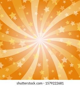Sunlight spiral horizontal background. Orange color burst background with shining stars. Vector illustration. Sun beam ray sunburst pattern backdrop. Magic, festival, circus poster