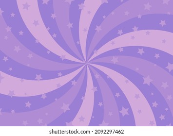 Sunlight spiral horizontal background. Purple and violet color burst background with shining stars. Vector illustration. Sun beam ray sunburst pattern backdrop. Magic, festival, circus poster