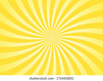 Sunlight  spiral rays  background. Bright yellow color burst background. Vector illustration. Sun beam ray sunburst wallpaper. Retro bright backdrop. starburst circus  poster or placard