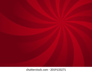 Sunlight spiral rays background. Red swirl focus background. Vector illustration. Sun beam ray sunburst pattern wallpaper. Retro circus backdrop. Vintage christmas  poster or placard