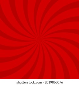 Sunlight spiral rays background. Red swirl focus background. Vector illustration. Sun beam ray sunburst pattern wallpaper. Retro circus backdrop. Vintage christmas  poster or placard