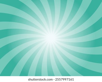Sunlight spiral wide background. Faded turquoise green color burst background. Vector illustration. Sun beam ray sunburst pattern background. Retro circus backdrop.