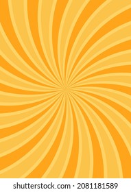 Sunlight swirl rays background.  Orange spiral burst wallpaper. Vector illustration. Sun beam ray sunburst poster. Retro circus or carnival placard