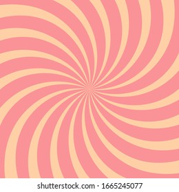 Sunlight swirl rays background.  pink and peach spiral burst wallpaper. Vector illustration. Candy sun beam ray sunburst poster. Retro circus or carnival placard